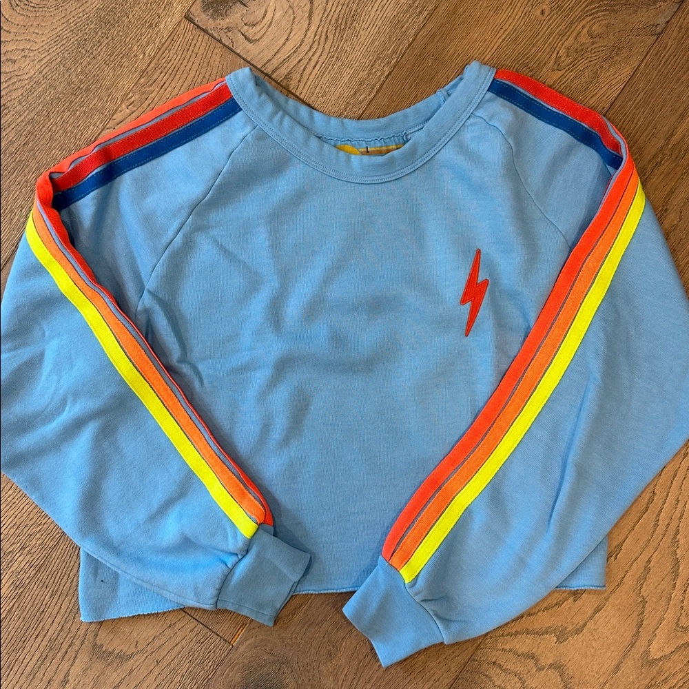 Aviator Nation cropped blue sweatshirt neon stripes
